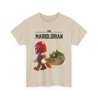 Stylish unisex 'Mariolorian' graphic t-shirt featuring a vibrant illustration of a helmeted hero accompanied by a whimsical green character, perfect for fans of pop culture and unique fashion.