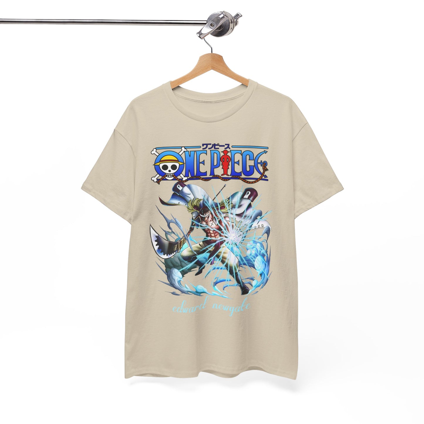 Sophisticated beige t-shirt displaying a dynamic Edward Newgate design from One Piece, ideal for casual stylish wear.