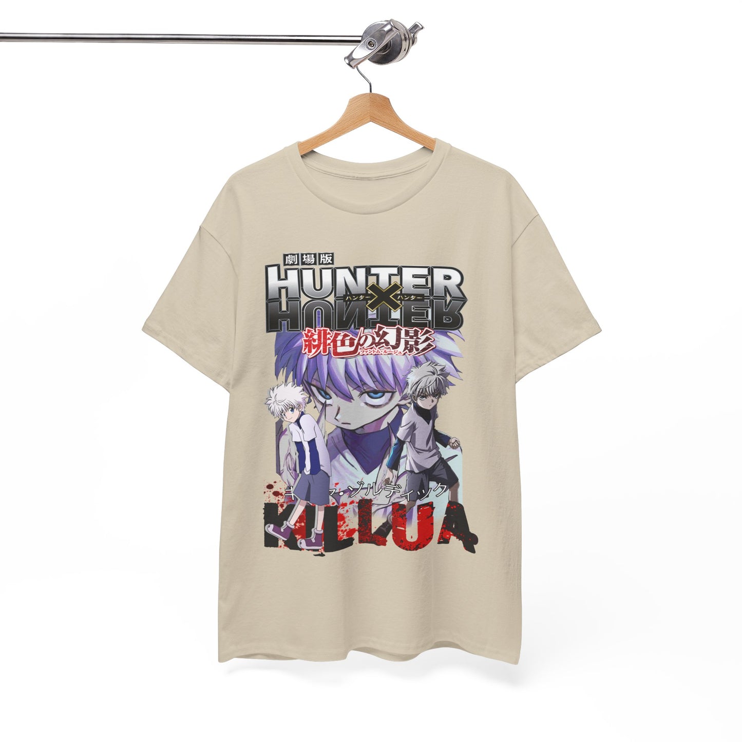 Chic beige Hunter x Hunter T-shirt displayed elegantly on a hanger, featuring an intricate graphic of Killua and Gon, a must-have for anime fans.