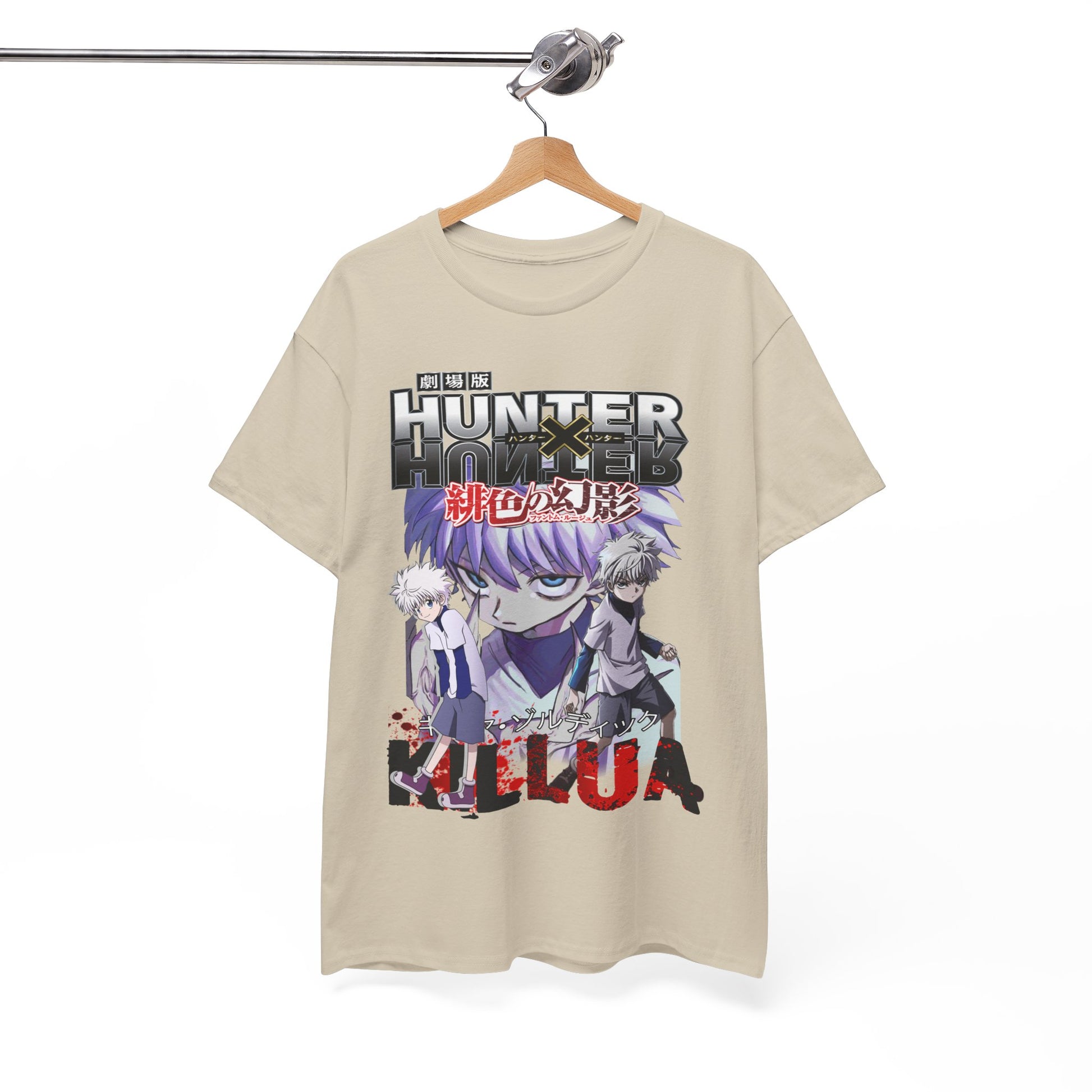 Chic beige Hunter x Hunter T-shirt displayed elegantly on a hanger, featuring an intricate graphic of Killua and Gon, a must-have for anime fans.