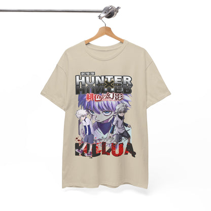 Chic beige Hunter x Hunter T-shirt displayed elegantly on a hanger, featuring an intricate graphic of Killua and Gon, a must-have for anime fans.