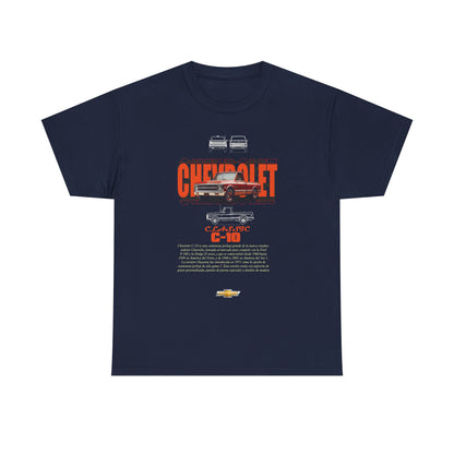 Refined navy Chevrolet C-10 graphic t-shirt, displaying a classic truck illustration and modern typography, appealing to both automotive aficionados and fashion connoisseurs.
