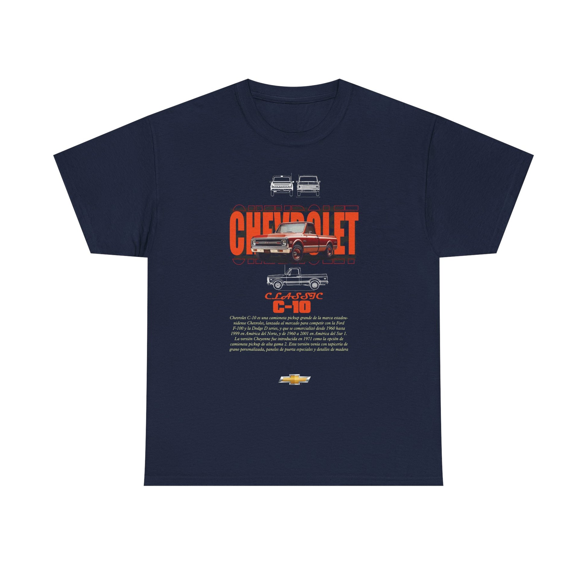 Sophisticated navy t-shirt featuring a classic Chevrolet C-10 graphic, highlighting the legendary truck with striking visual elements and elegant typography that pays tribute to automotive history.