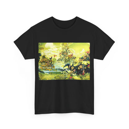 Discworld Witches Abroad Graphic Unisex T Shirt featuring an enchanting illustration inspired by Terry Pratchett’s universe, perfect for fantasy enthusiasts and art lovers.