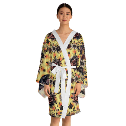 Luxurious Floral Kimono Robe worn by a woman, displaying boho chic elegance, perfect for comfortable yet stylish home wear.