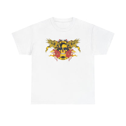 Elegant white t-shirt featuring a bold yellow skull graphic with intricately designed wings and floral elements, representing a classic vintage vibe from 1978.