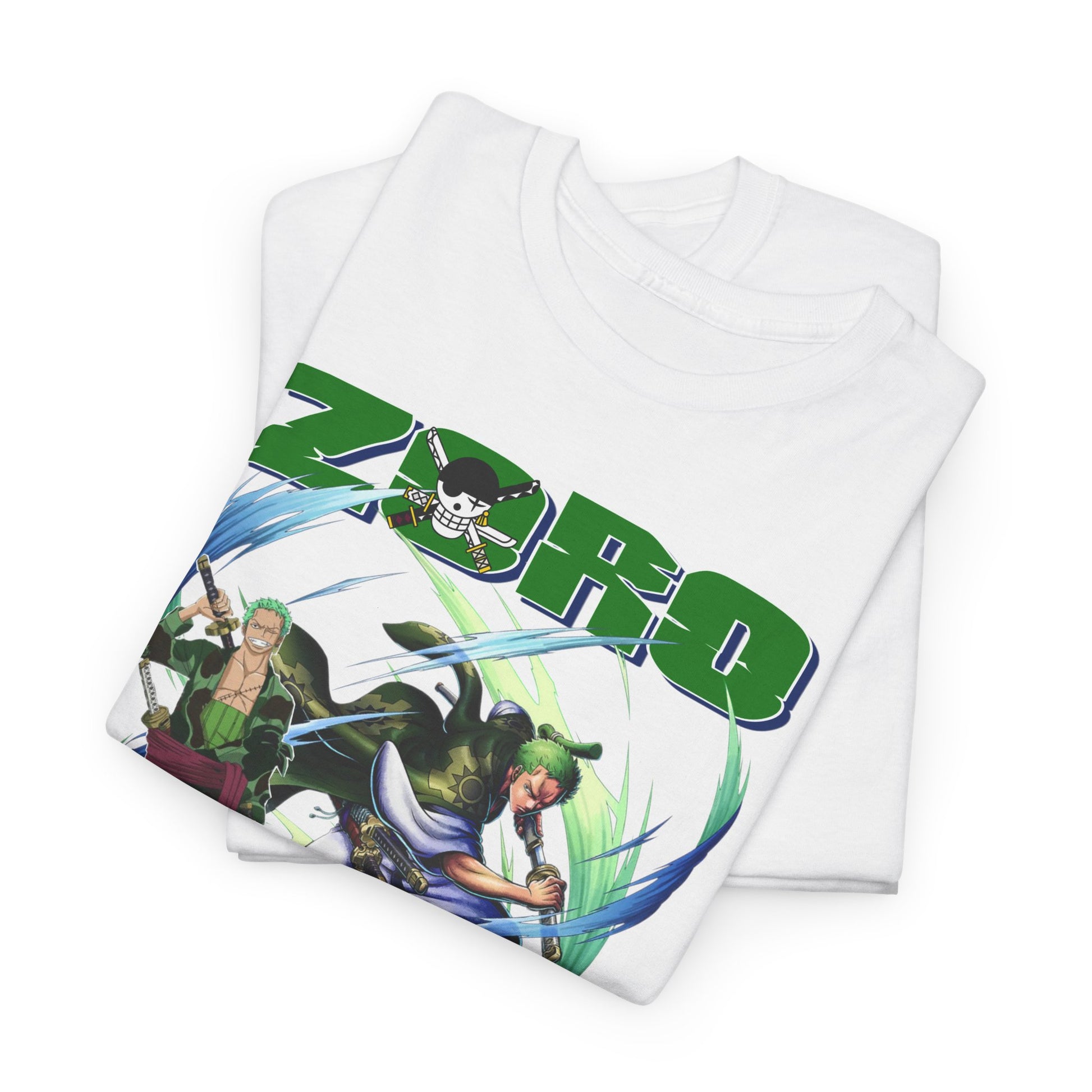 Premium fold of white One Piece t-shirts with dynamic Zoro design, perfect for gifting anime fans.