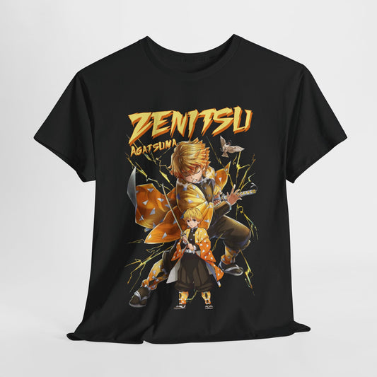 Luxurious black t-shirt featuring vibrant anime character Zenitsu Agatsuma from Demon Slayer, adorned with striking lightning motifs and a bold design.