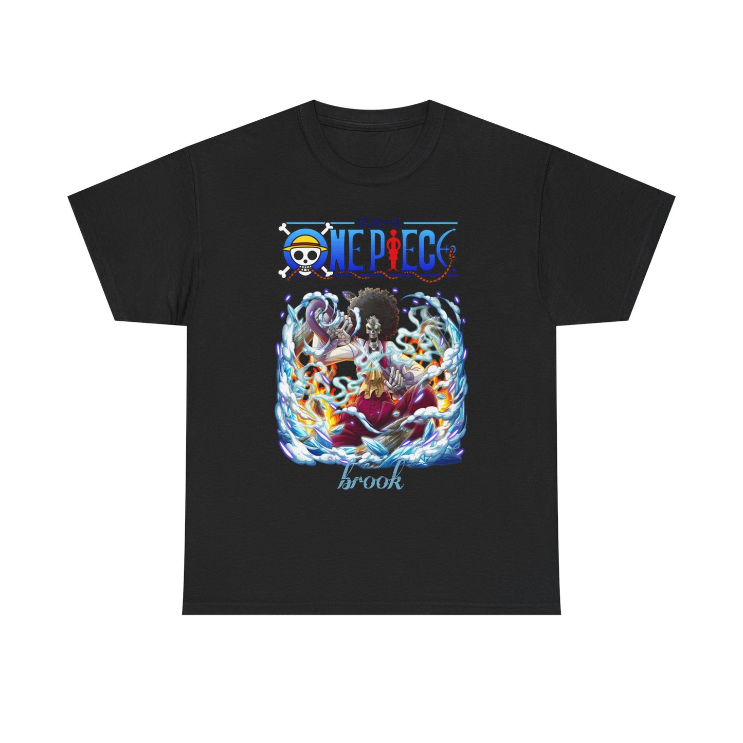 Elegant black men's t-shirt, featuring a striking design of Brook from One Piece, surrounded by dramatic waves and fiery accents.