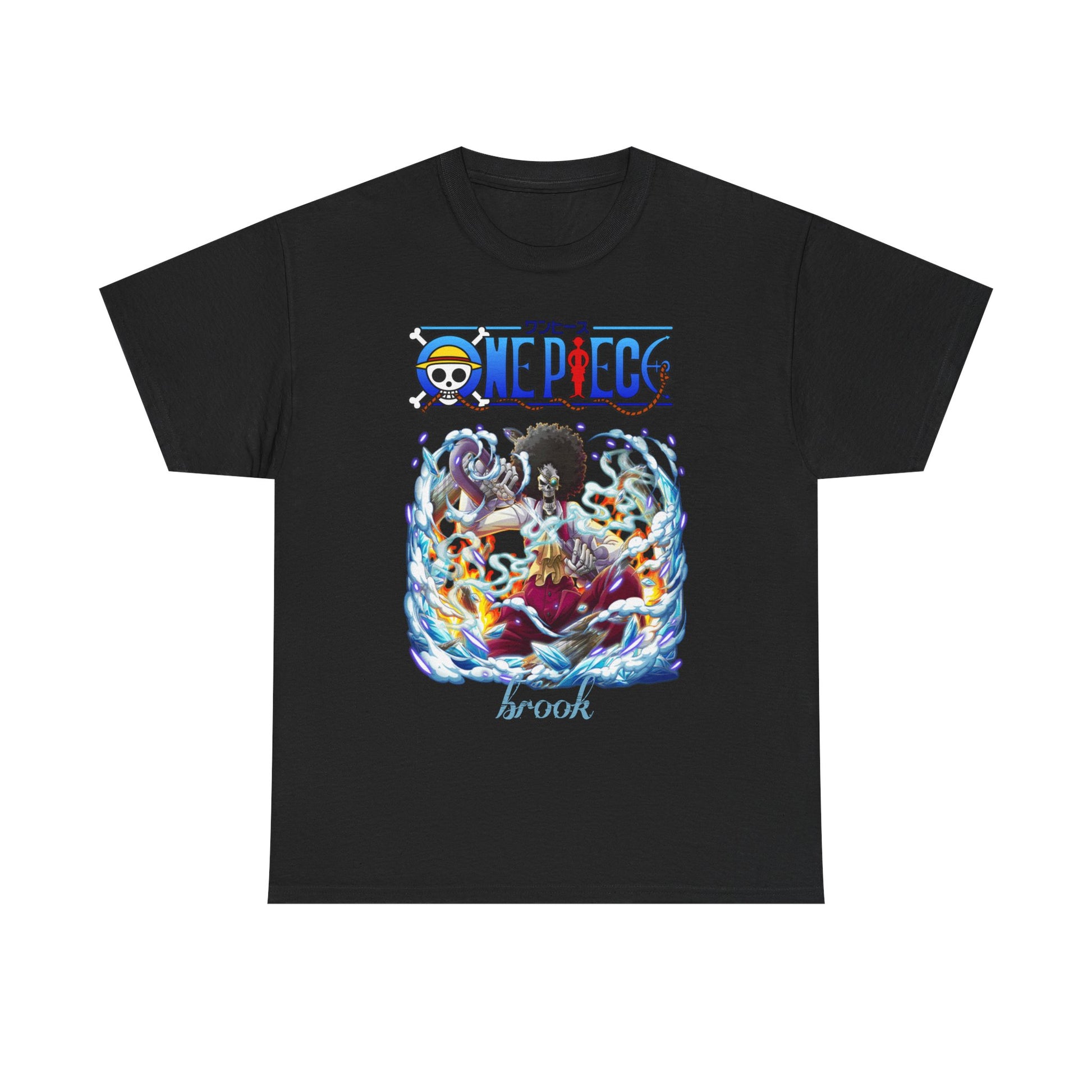 Elegant black men's t-shirt, featuring a striking design of Brook from One Piece, surrounded by dramatic waves and fiery accents.