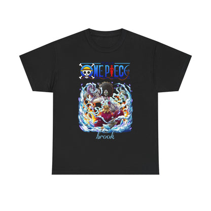 Elegant black men's t-shirt, featuring a striking design of Brook from One Piece, surrounded by dramatic waves and fiery accents.