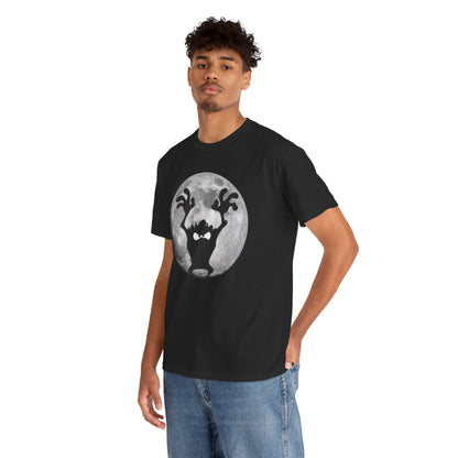 Stylish male model showcases a black graphic t-shirt with a whimsical Taz Tasmanian Devil design, posing confidently with the full moon backdrop, epitomizing casual luxury.