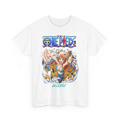 A vibrant white t-shirt featuring a lively anime illustration of Nami from One Piece, surrounded by treasures, exuding joy and adventure.