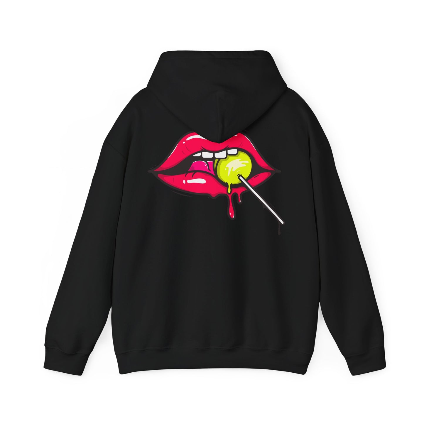 Sophisticated black hoodie showcasing an eye-catching design of vibrant red lips holding a bright yellow lollipop, perfect for a stylish statement.