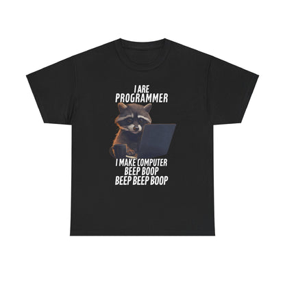 Elegant Funny Raccoon Programmer T-Shirt displaying a delightful raccoon working on a laptop, accompanied by the words 'I Are Programmer' for tech lovers and programmers.
