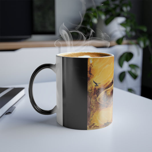 Discworld Color Of Magic Heat Change Mug in use, showcasing steam rising from the contents, showcasing its vibrant art that transforms with heat. A luxurious addition for avid fans.