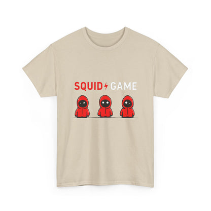 Squid Game Unisex Men's Women's Graphic Cotton Funny T Shirt Tee in beige showcasing iconic red hooded figures alongside striking lettering, ideal for trendsetters.