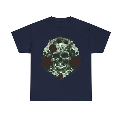 Skulls and Roses Cotton Tee, Unisex Graphic Shirt in deep navy colour, highlighting its striking skull and rose design.