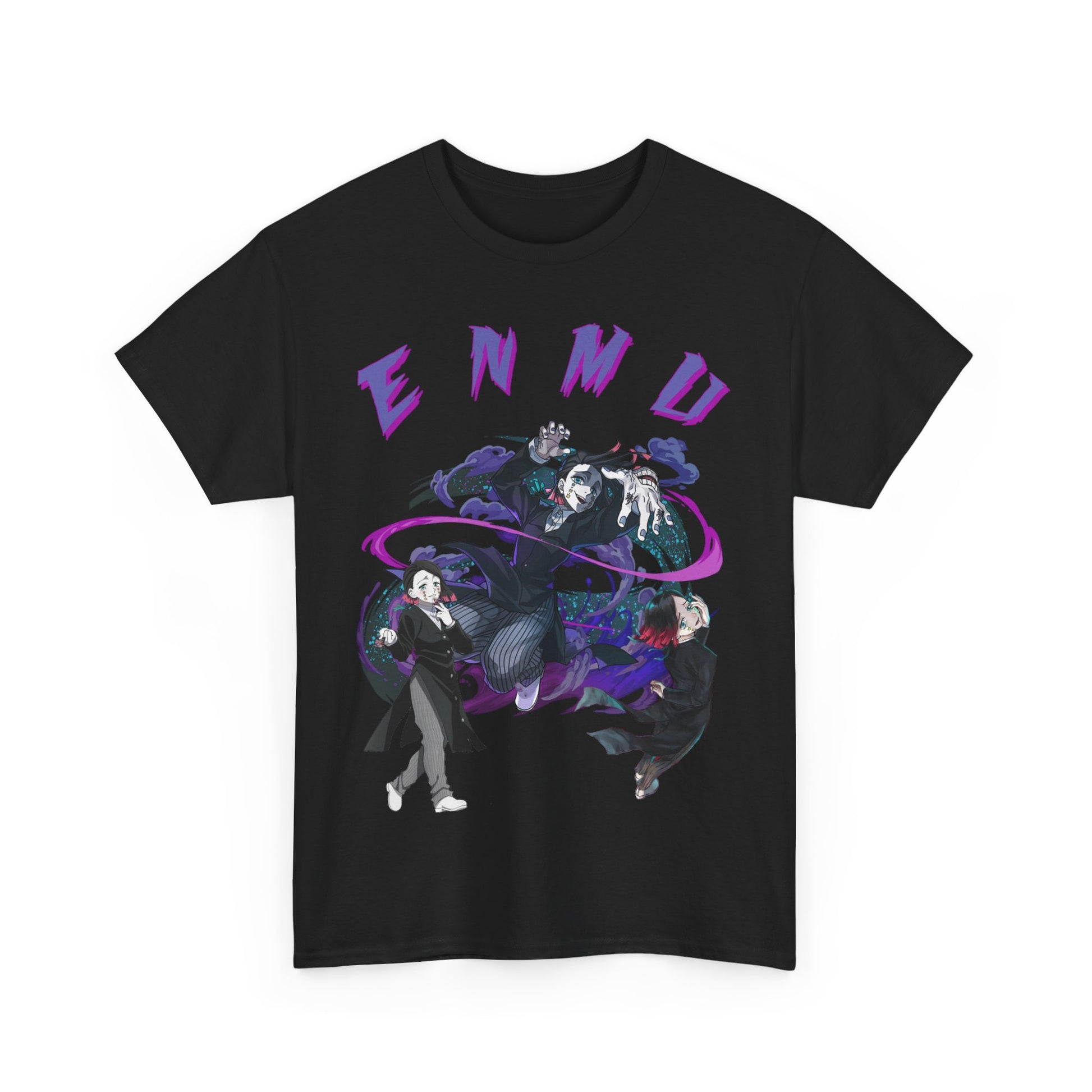 Striking black graphic T-shirt featuring vibrant 'ENMU' design, capturing powerful characters from the Demon Slayer universe in an action-packed composition.