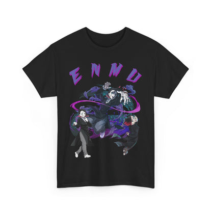 Striking black graphic T-shirt featuring vibrant 'ENMU' design, capturing powerful characters from the Demon Slayer universe in an action-packed composition.