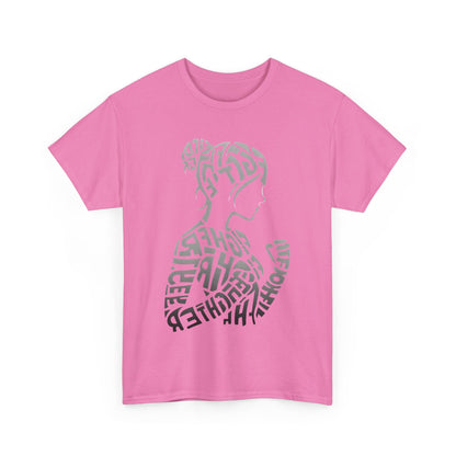 Fighter Girl Graphic Unisex T-Shirt in pink featuring artistic typography design of a silhouette representing empowerment and femininity.