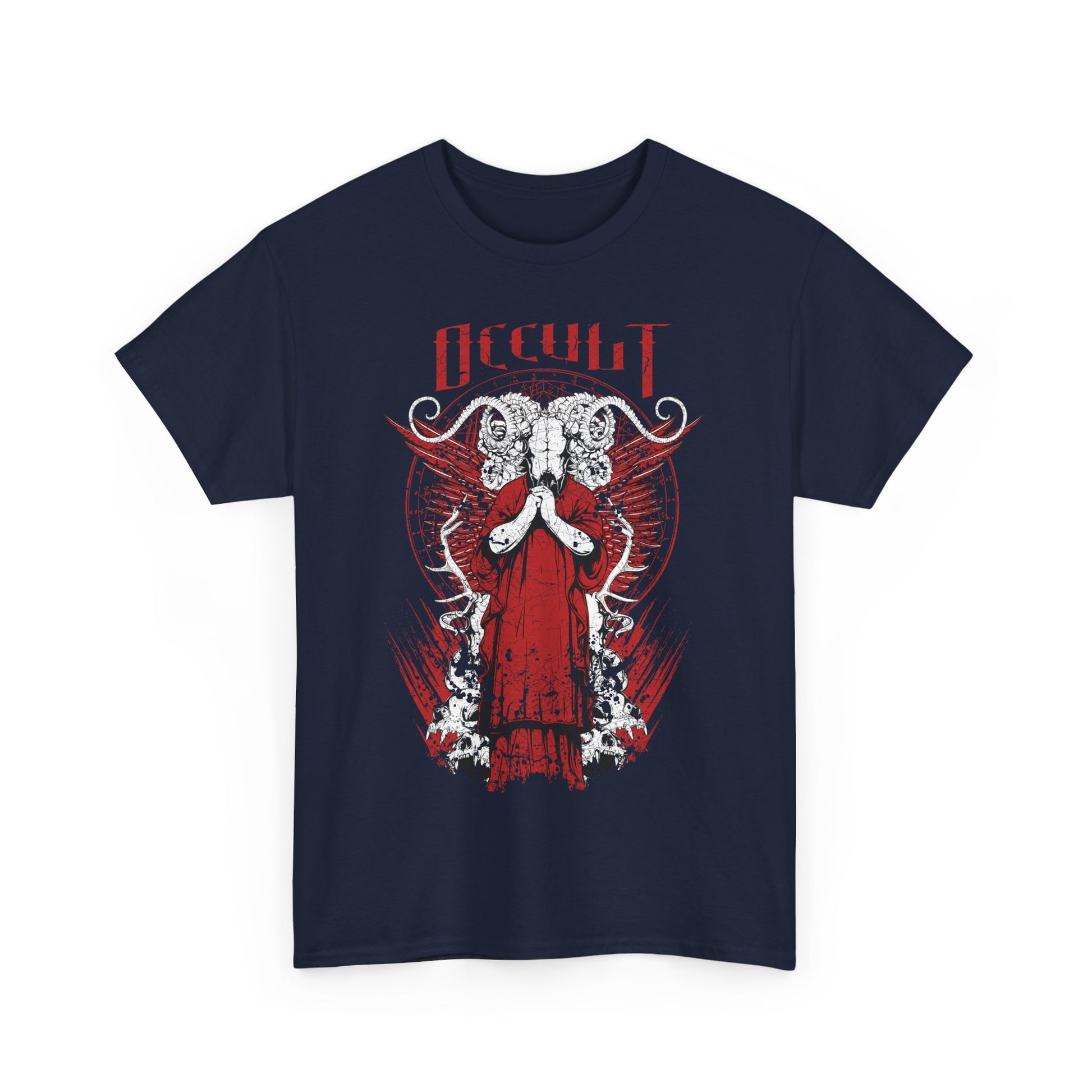 Striking front view of a navy blue graphic tee adorned with occult imagery and vibrant red accents, embodying dark fantasy aesthetics.