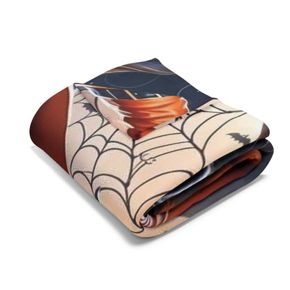 Chic Decorative and Warm Halloween Spooky Arctic Fleece Blanket, beautifully rolled to highlight its intricate Halloween design featuring a witch and spiderweb, designed for comfort and aesthetic.