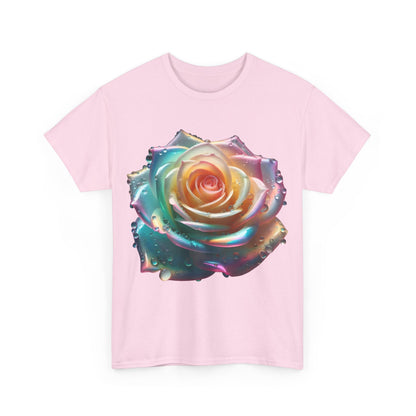 Ethereal Rose Unisex Cotton Tee - Artistic Floral Design with Iridescent Accents, highlighting a beautiful close-up of a multicoloured rose with iridescent effects on a pink background.
