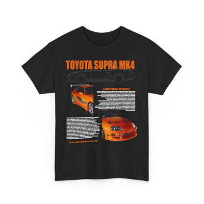 Luxurious men's black t-shirt featuring an iconic graphic design of the Toyota Supra MK4, showcasing a vibrant orange sports car with detailed artistic illustrations.