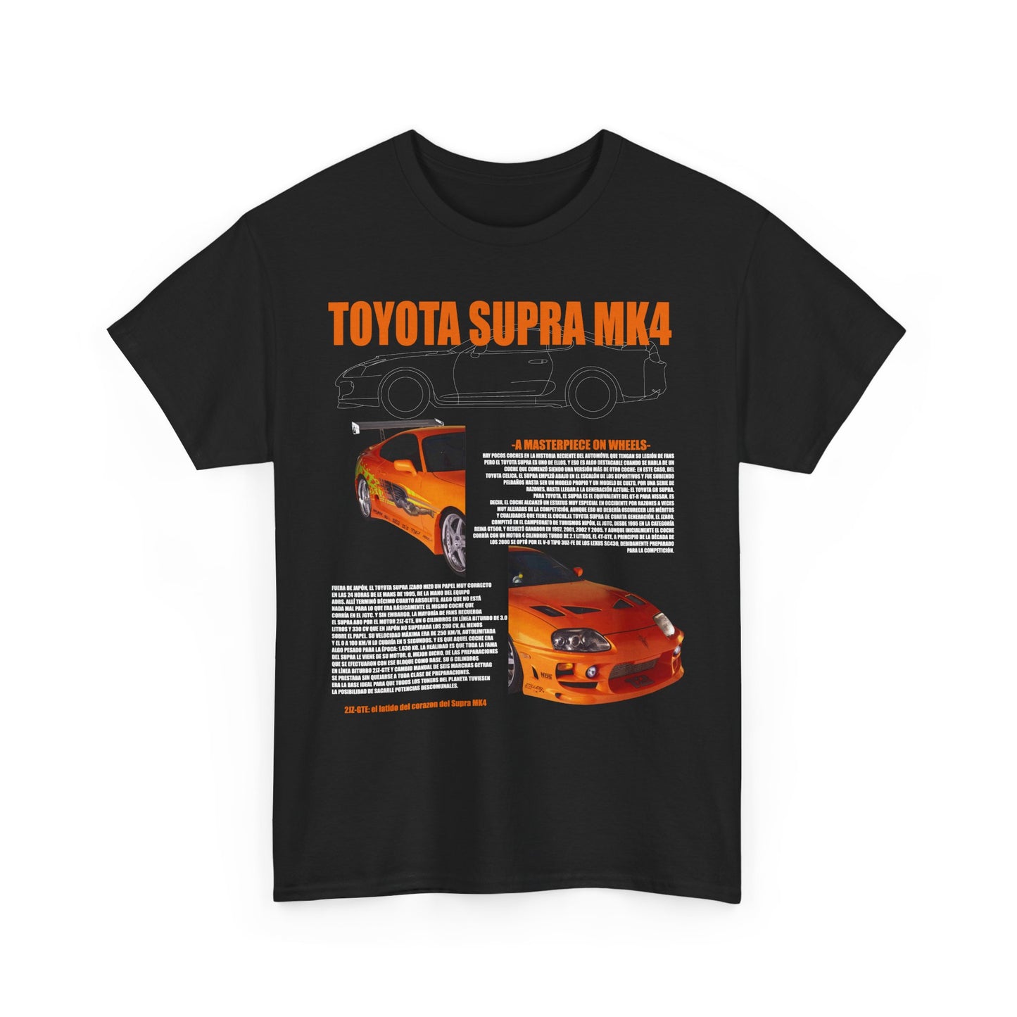 Stylish Toyota Supra MK4 T-shirt featuring an artistic black and orange graphic design, showcasing the iconic sports car against a black backdrop.
