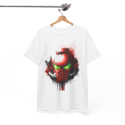 Exquisite white t-shirt featuring a bold graphic design of a striking helmet with fiery red and glowing green eyes, complemented by splatter-style art that evokes a sense of urban sophistication.