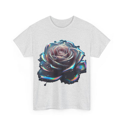 Ethereal Rose Tee Unisex Graphic T-Shirt featuring an iridescent floral design on a soft cotton fabric, showcasing a stunning close-up of a rose with shimmering water droplets.