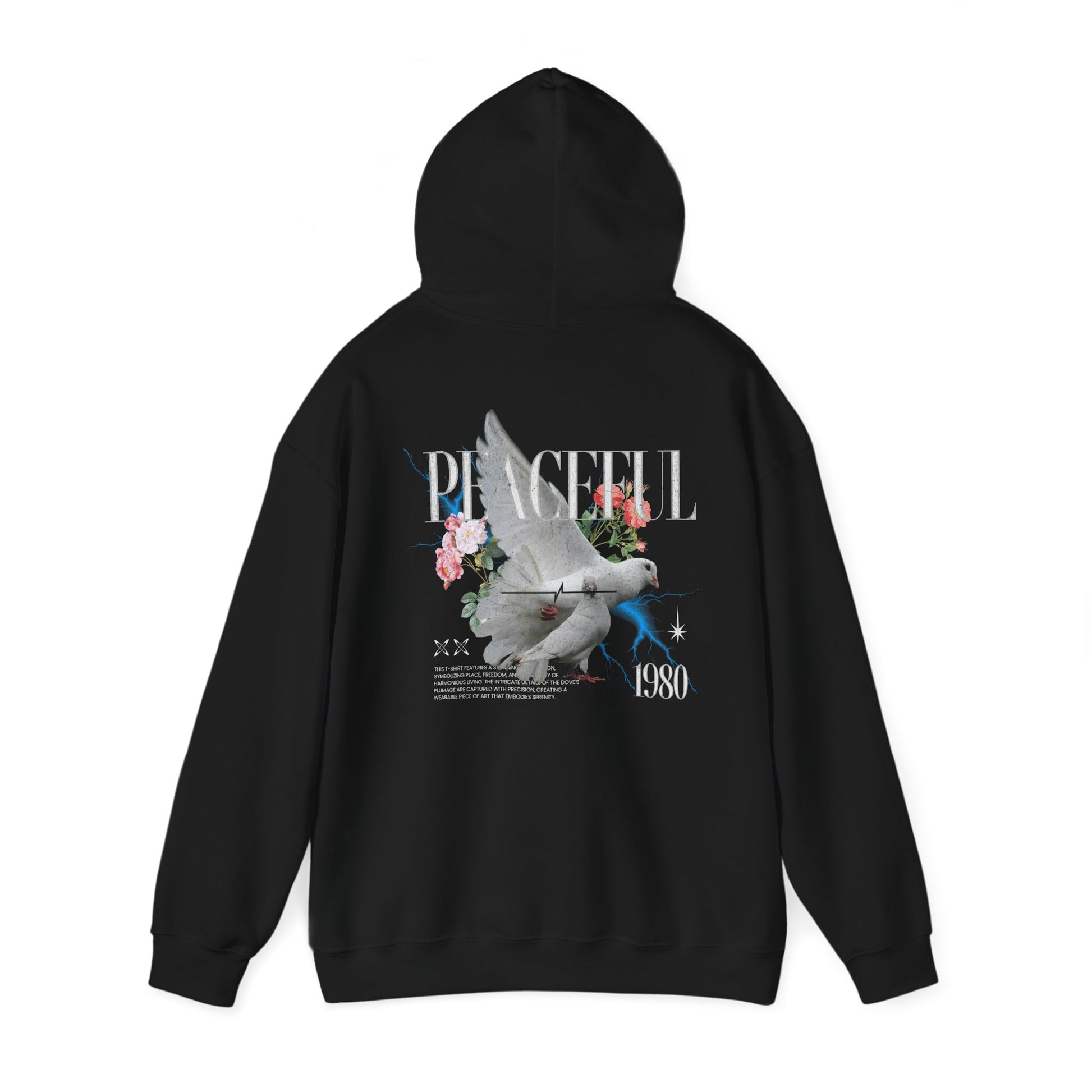 Chic black hoodie displaying a captivating dove print with colourful flowers and the word 'PEACEFUL 1980', representing a fusion of style and tranquility.