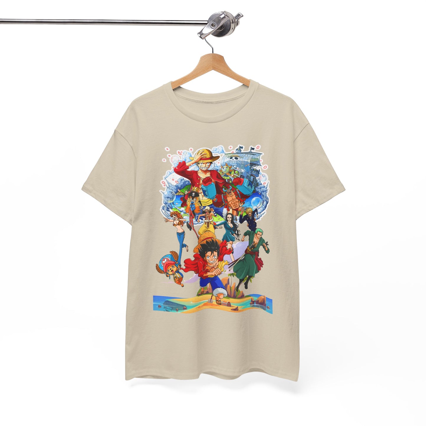 Chic hanging display of a beige t-shirt adorned with intricate anime designs, set against a pure white background for a sophisticated look.