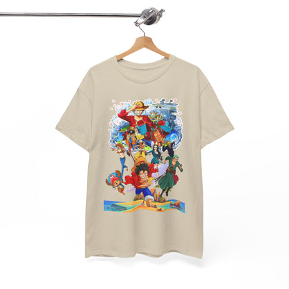 Chic hanging display of a beige t-shirt adorned with intricate anime designs, set against a pure white background for a sophisticated look.