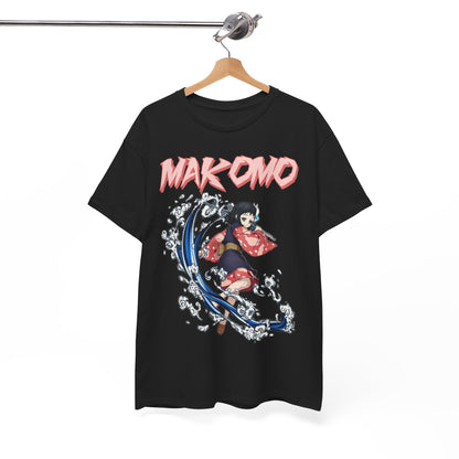 Stylish black Makomo anime T-shirt featuring a dynamic illustration of the character amidst swirling water, embodying elegance and artistic flair.