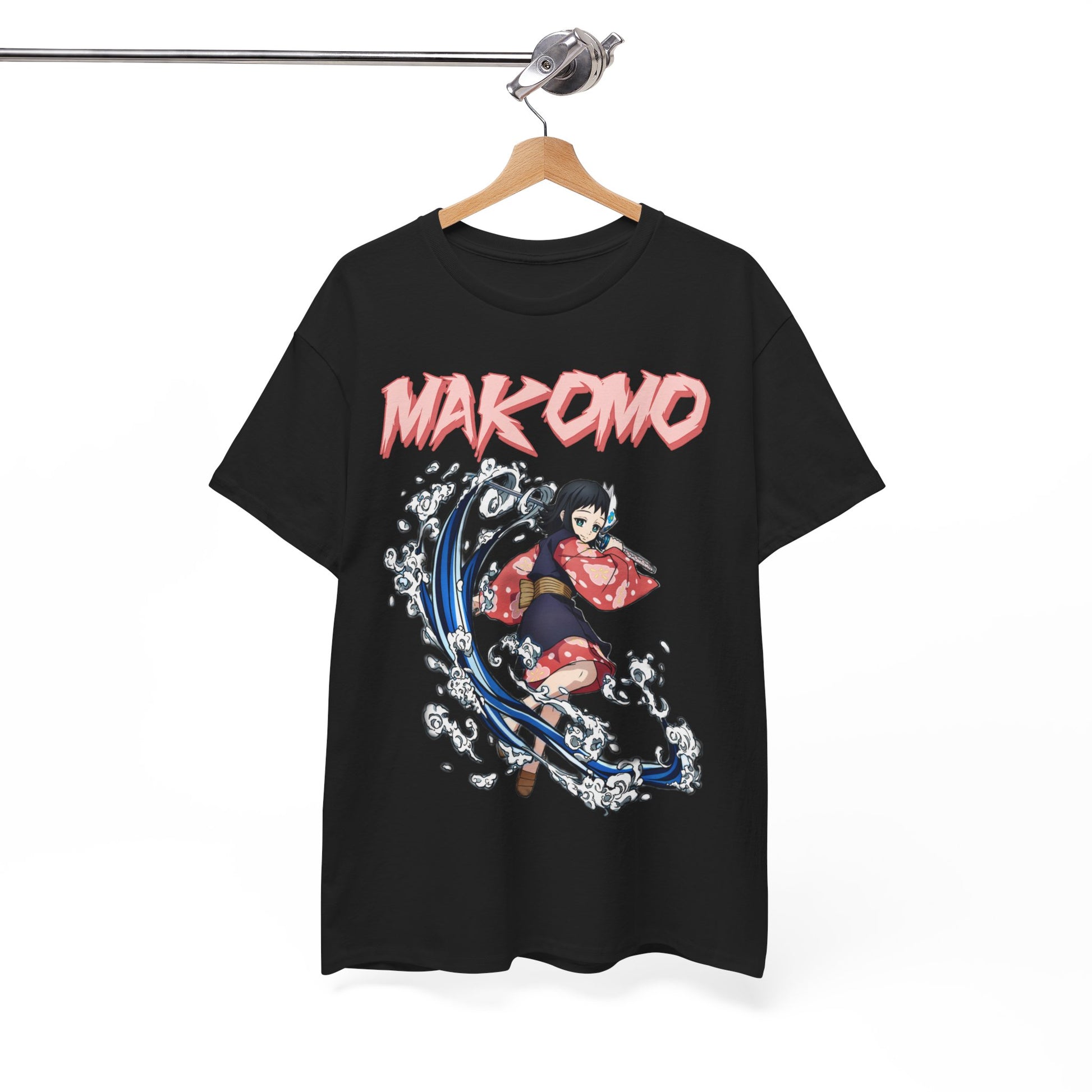 Stylish black Makomo anime T-shirt displayed on a wooden hanger, featuring vibrant water splash illustration for a fashionable statement.