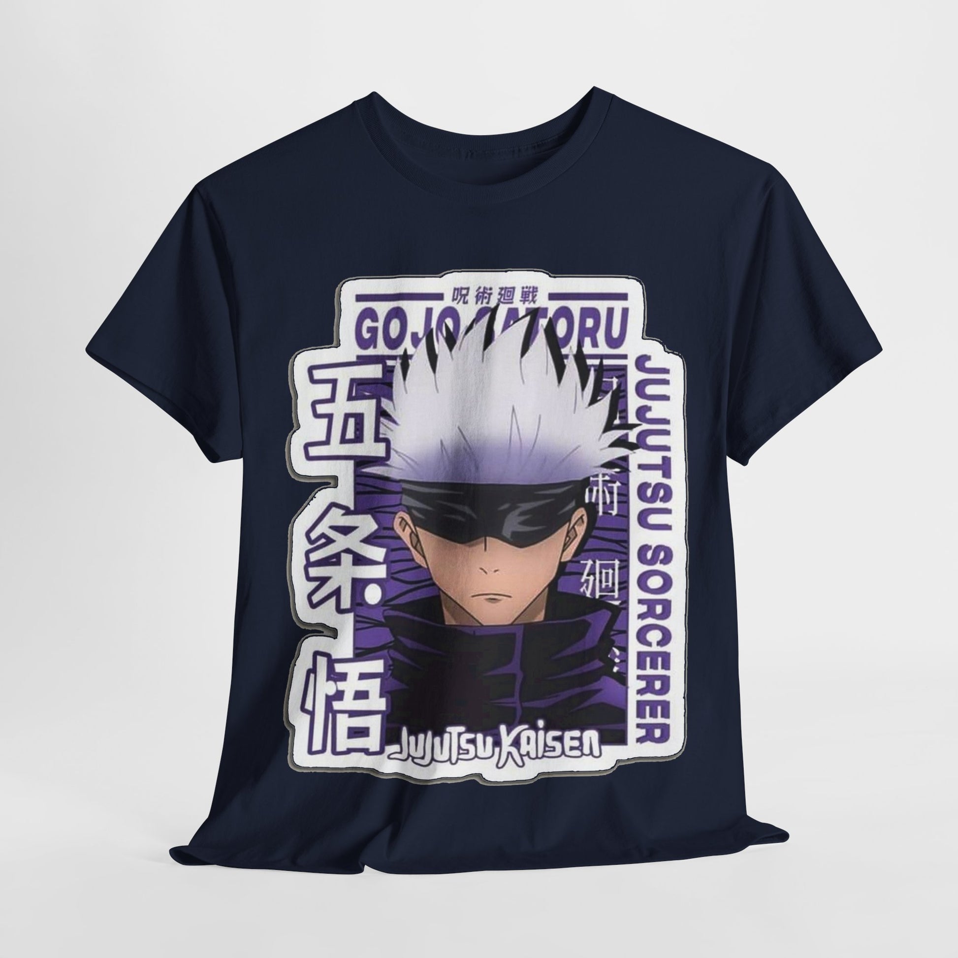 Sophisticated Gojo Satoru T-shirt displayed flat, featuring a striking design of the iconic character, ideal for stylish anime enthusiasts.