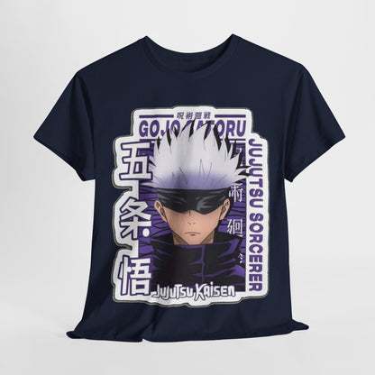 Sophisticated Gojo Satoru T-shirt displayed flat, featuring a striking design of the iconic character, ideal for stylish anime enthusiasts.