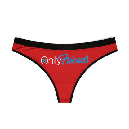 Luxurious red thong underwear featuring a playful design with the words 'onlyFriends' in stylish blue font, accented with a chic black waistband.