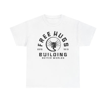 Sophisticated white men's t-shirt displaying an artistic print of 'FREE HUGS' and 'BUILDING BETTER WORLDS' in a classic distressed style, perfect for a trendy casual ensemble.