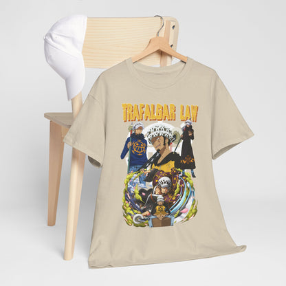 Chic Trafalgar Law Men's T-Shirt draped over a chair, paired with a cap, reflecting modern urban styling for anime fans.