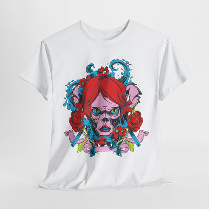 Luxury Men's Artistic T-Shirt featuring a vibrant skull design with red flowers, blue decorative elements, and intricate details, showcased on a white background.