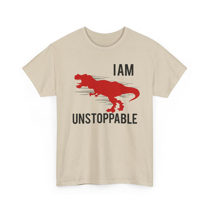 Stylish beige men's t-shirt featuring a bold red T-Rex graphic and the empowering words 'I AM UNSTOPPABLE' against a neutral backdrop.