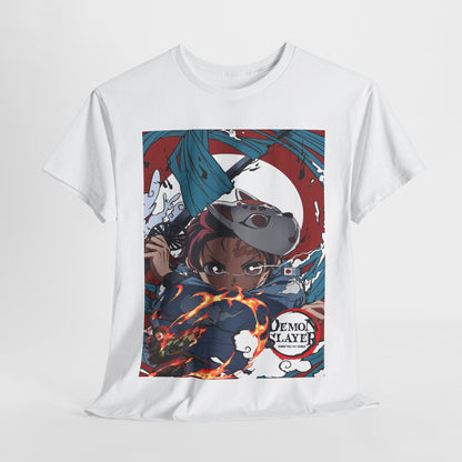 Luxurious white t-shirt featuring striking anime artwork from Demon Slayer: Kimetsu no Yaiba, showcasing the determined protagonist Tanjiro Kamado amidst swirling flames and dynamic elements, perfect for anime enthusiasts seeking style and bold expression.