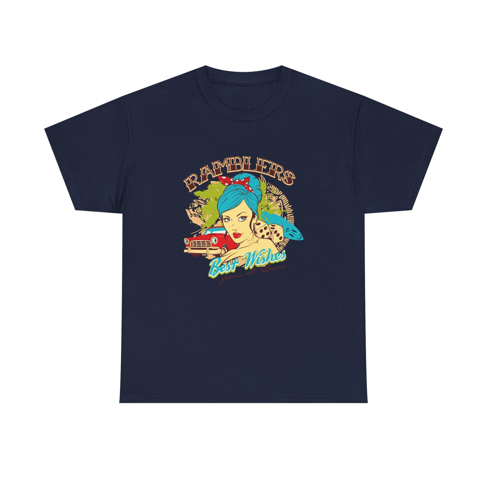 Elegant navy blue retro graphic tee showcasing a pin-up style design with a vibrant teal-haired woman, vintage car, and playful tropical motifs, ideal for standout wardrobe pieces.