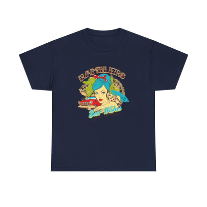 Elegant navy blue retro graphic tee showcasing a pin-up style design with a vibrant teal-haired woman, vintage car, and playful tropical motifs, ideal for standout wardrobe pieces.