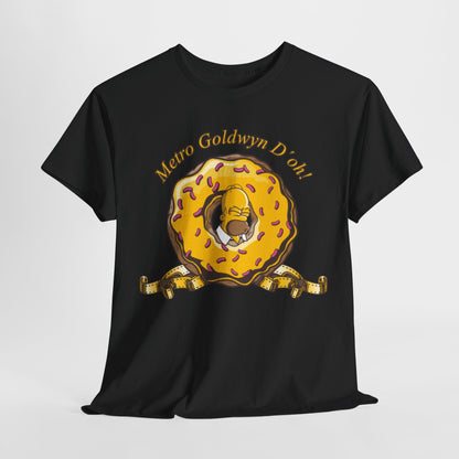 Unisex black graphic tee featuring Homer Simpson in a donut with pink sprinkles, titled 'Metro Goldwyn D'oh!', for a luxurious and humorous style.