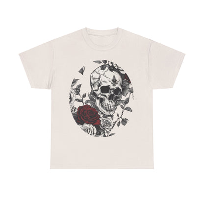 Skulls and Roses Cotton Tee, Unisex Graphic Shirt showcasing a unique steampunk design with an intricately detailed skull and roses on a creamy white background.