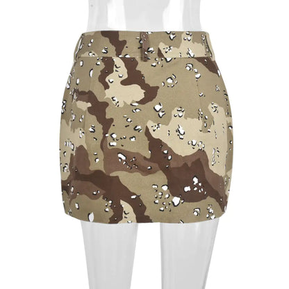 Elegant Women's Luxury Camouflage Mini Skirt by Dazzling Dreams Studio showcasing high rise and bodycon fit.